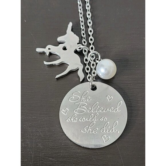"She Believed She Could So She Did" Necklace Unicorn Faux Pearl Silver Tone - Picture 3 of 6